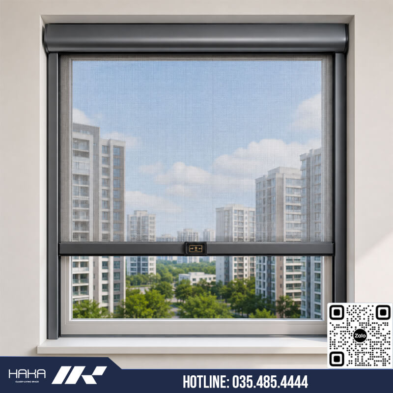 Cửa lưới chống muỗi dạng cuốn chung cư màu xám