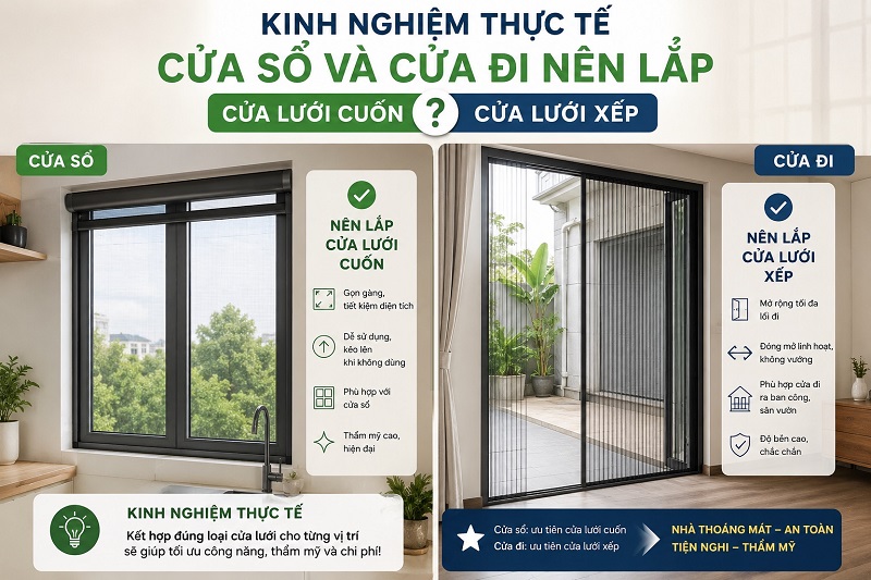 Kinh nghiệm thực tế: Cửa sổ và cửa đi nên lắp cửa lưới cuốn hay xếp? Kinh nghiệm thực tế: Cửa sổ và cửa đi nên lắp cửa lưới cuốn hay xếp?