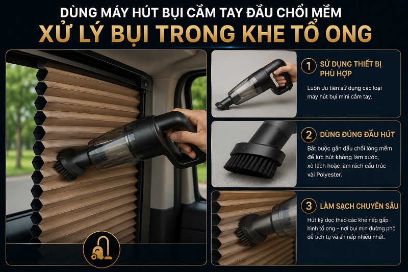 Dùng máy hút bụi cầm tay đầu chổi mềm xử lý bụi trong khe tổ ong